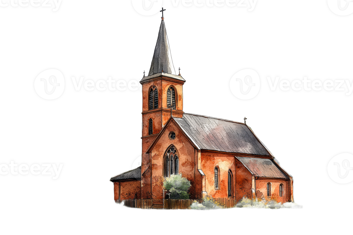 Watercolor church with spire, cut out transparent png