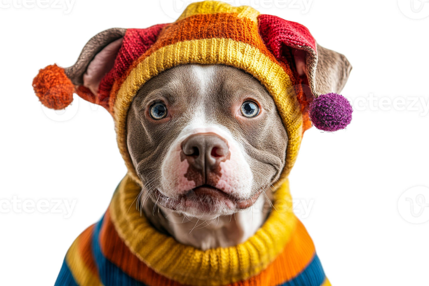 Staffordshire terrier dressed in hat and sweater, cut out transparent png