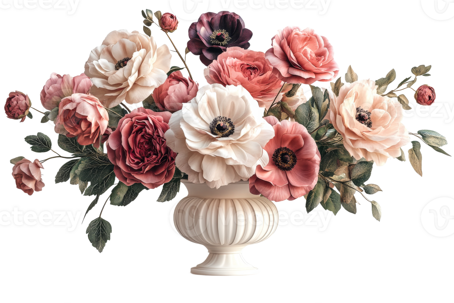 Antique roses and anemones arrangement in vase, cut out transparent png