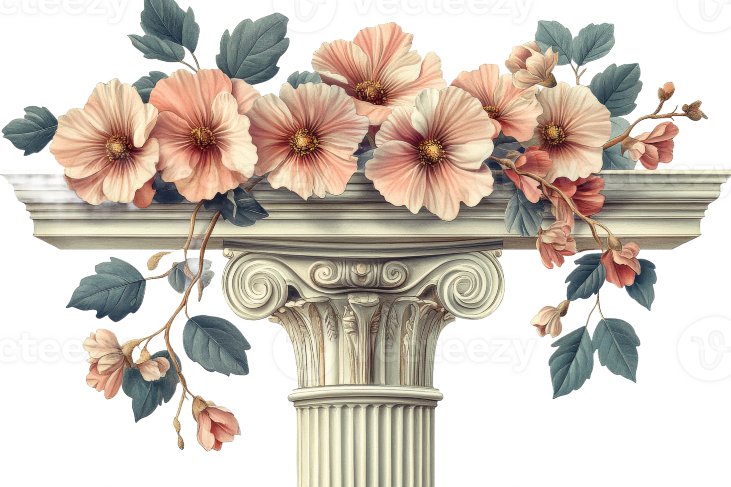 Column adorned with pastel flowers and leaves, cut out transparent png
