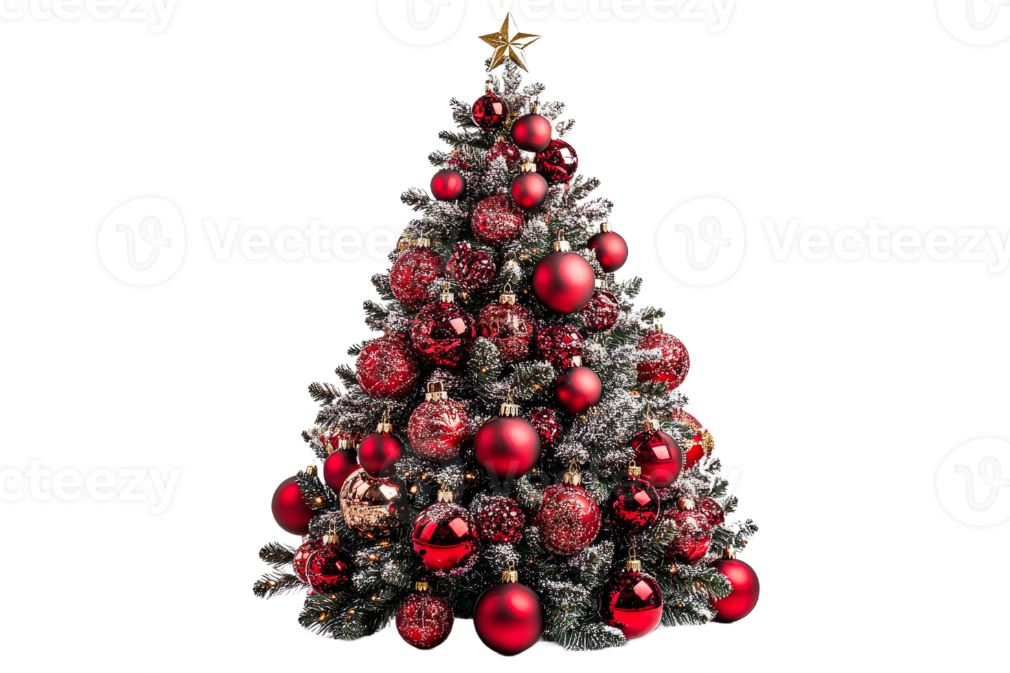Snowy Christmas tree with red ornaments, cut out transparent png