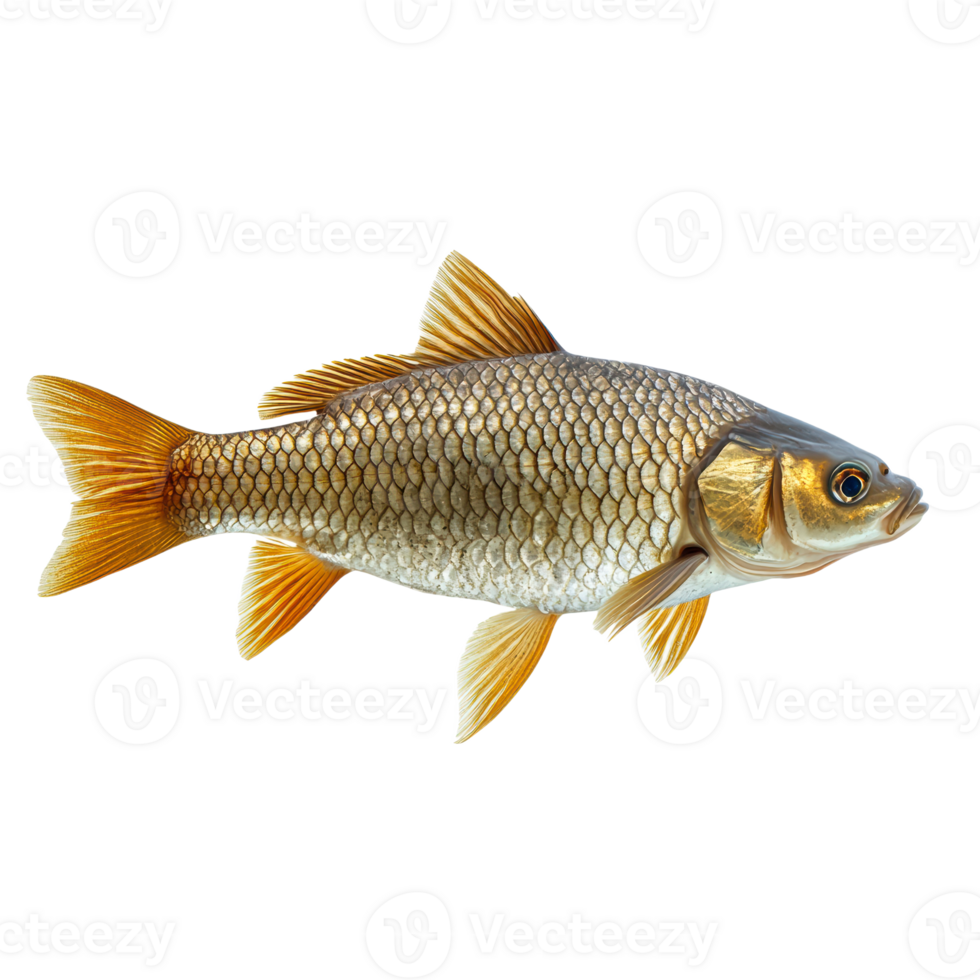 Golden fish with scales and fins isolated on black, cut out transparent png