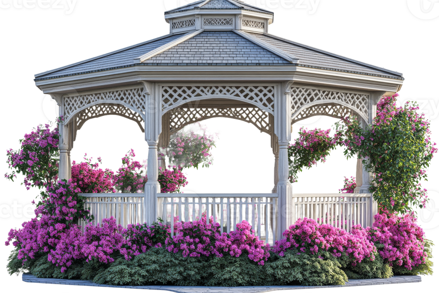 White gazebo with pink flowers, plants, transparent png