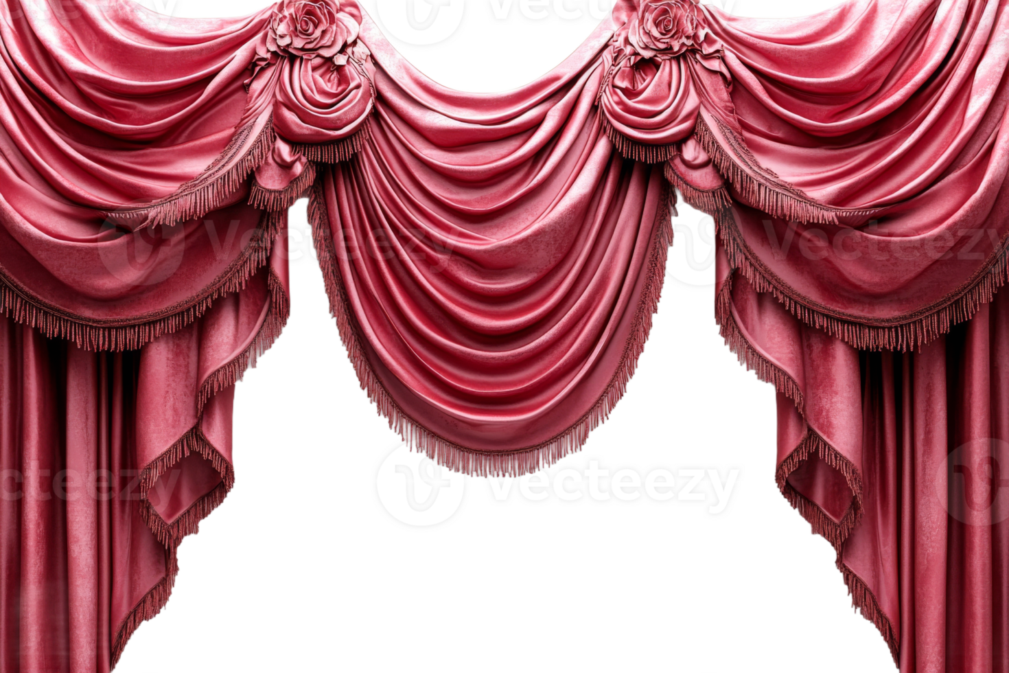 Elegant Red Velvet Curtain with Rosettes and Fringes, cut out transparent png