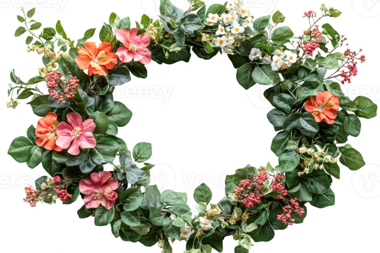 Floral wreath of flowers, leaves and berries in circle shape, cut out transparent png