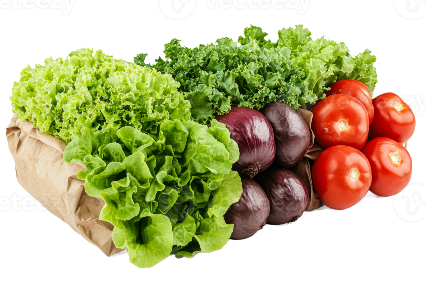 Fresh red tomatoes, red onions and lettuce in bag, cut out transparent png