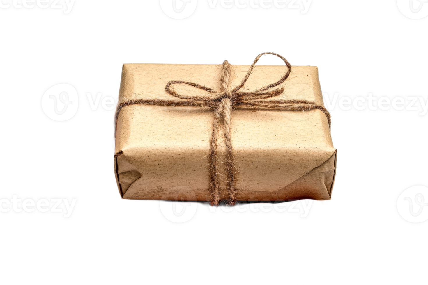 Rustic gift box wrapped in brown paper and tied, cut out transparent png