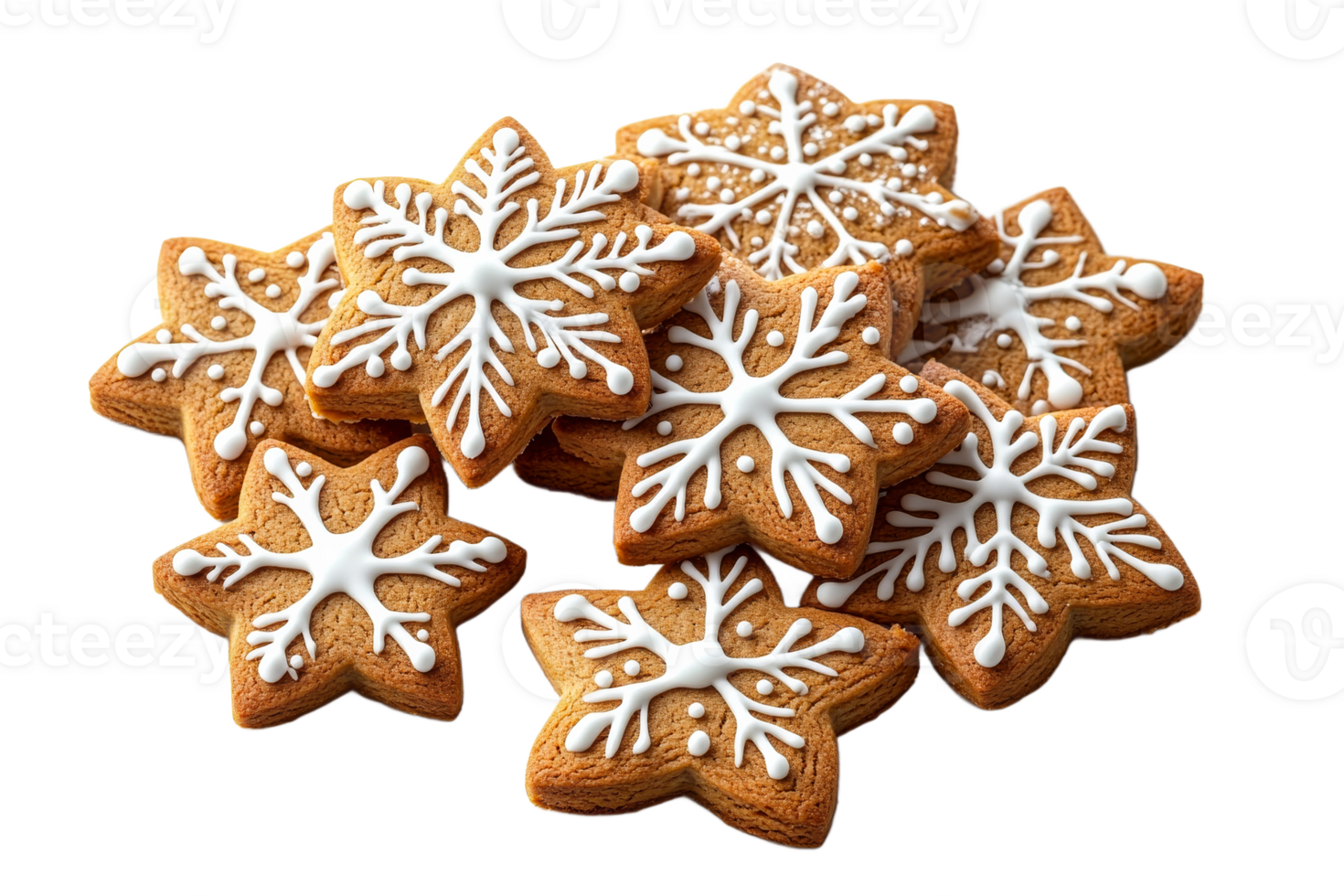 Star-shaped gingerbread cookies, snowflake pattern, homemade dessert, cut out transparent png