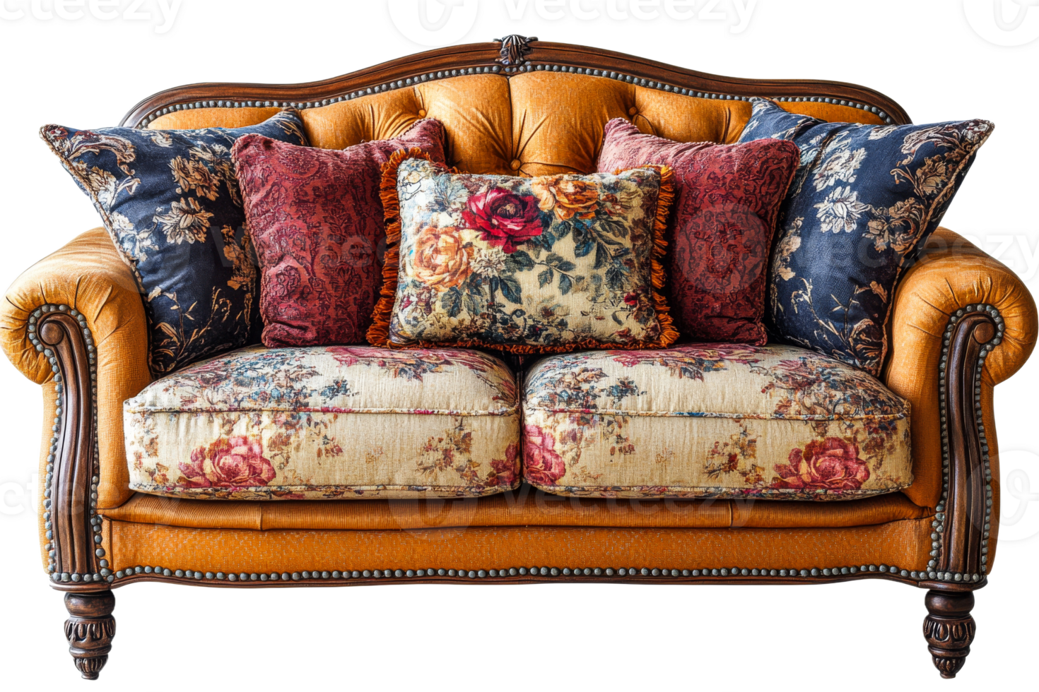 Elegant vintage sofa with floral cushions, cozy interior, cut out transparent png