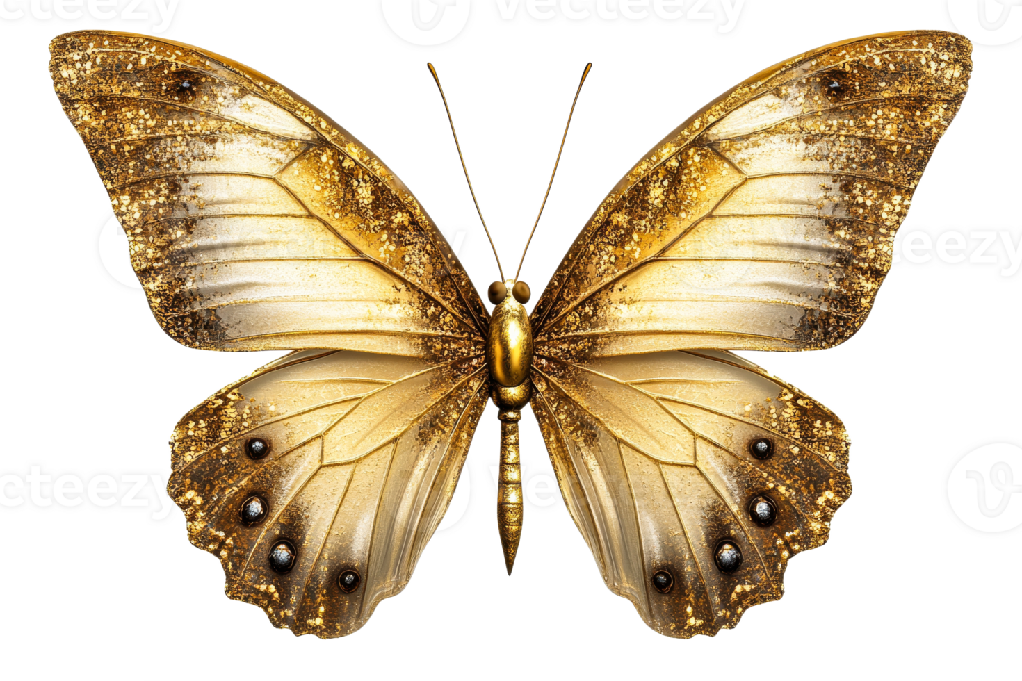 Golden Butterfly with Intricate Details and Glittering Accents, cut out transparent png