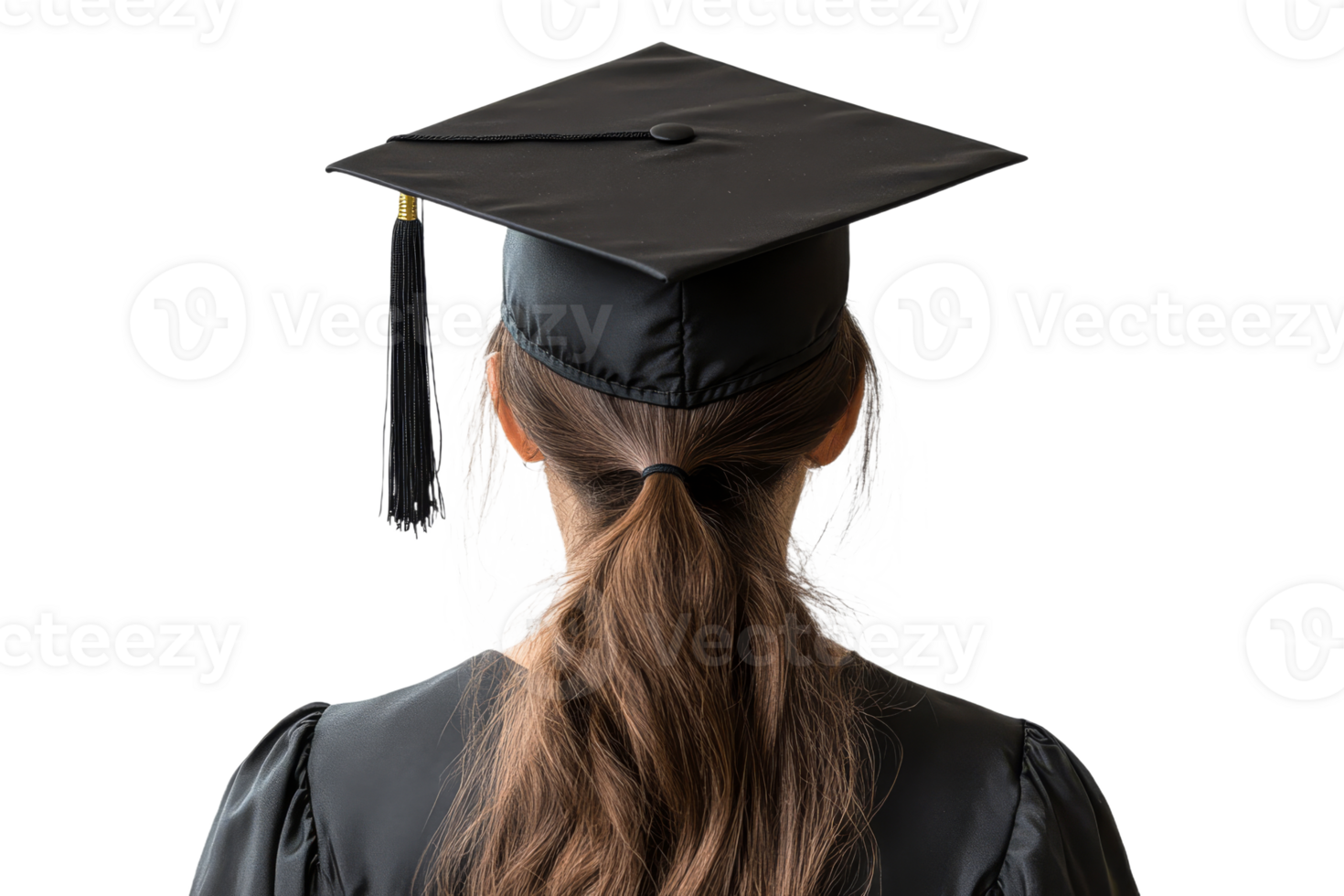 Graduation portrait of woman in gown and cap, back view, cut out transparent png