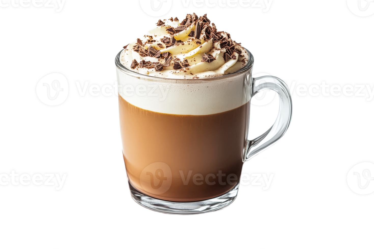 Latte topped with whipped cream and chocolate shavings in a glass , cut out transparent png