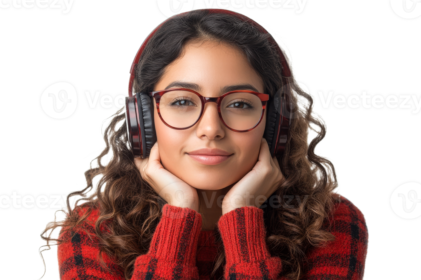Brunette woman in glasses listening music, cut out transparent png