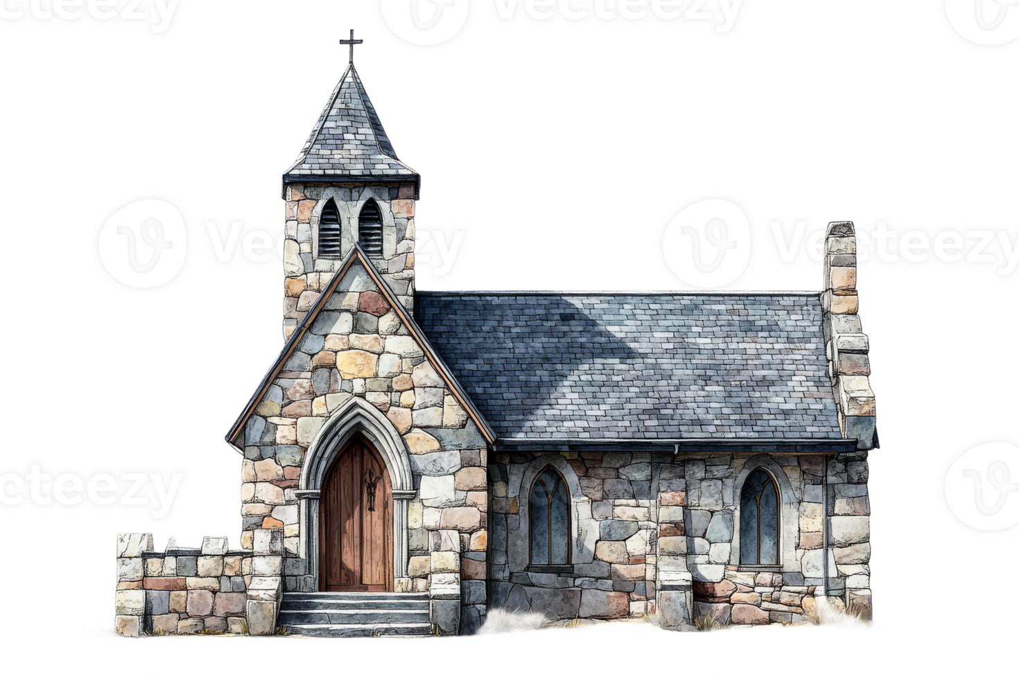Stone church illustration with cross, tower, door, cut out transparent png