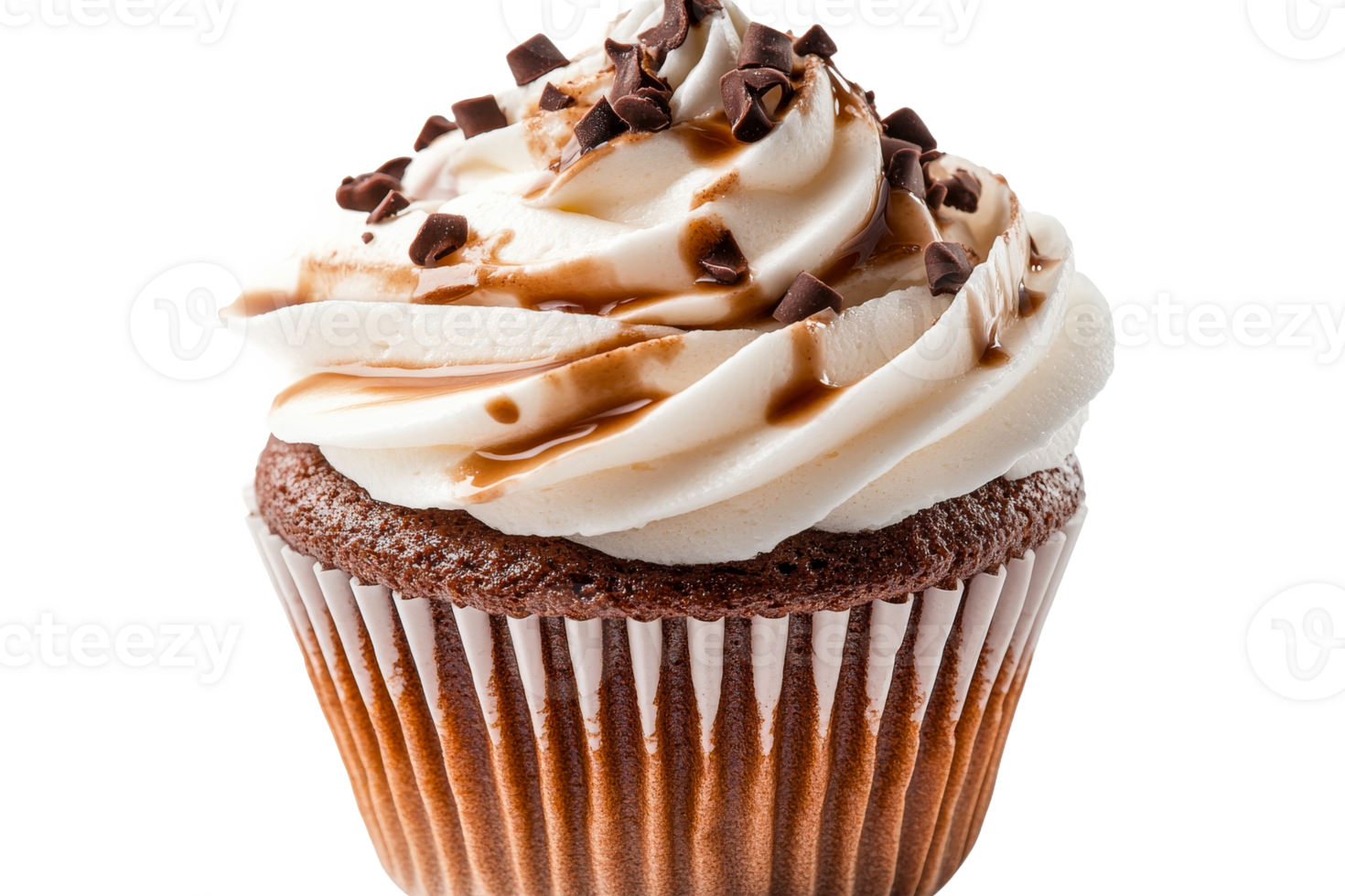 Delicious chocolate cupcake with cream frosting and topping, cut out transparent png