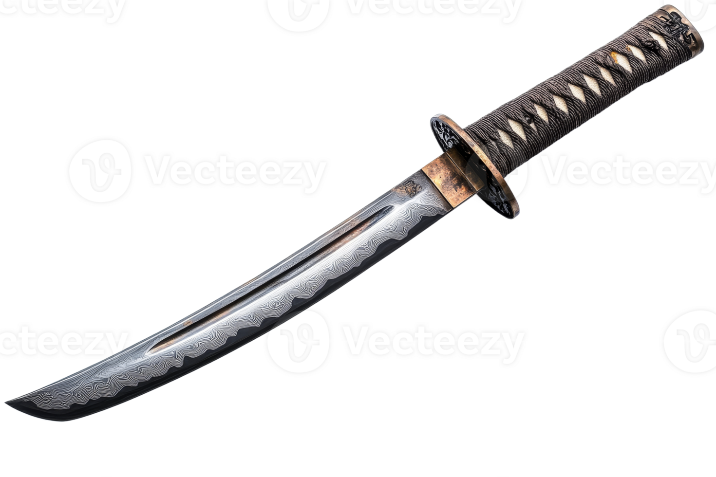 Ornate japanese tanto knife with wavy pattern on blade, cut out transparent png