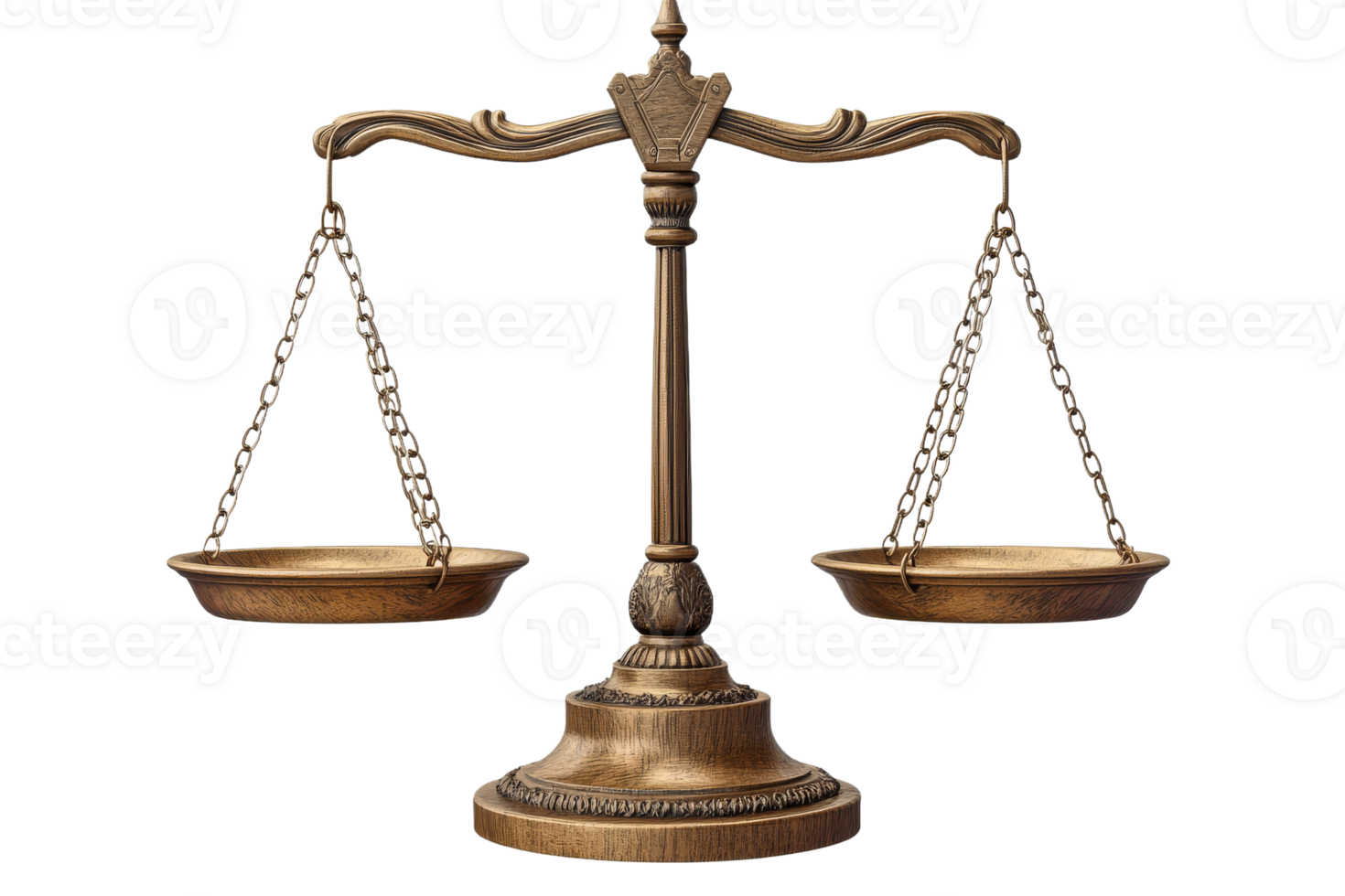 Scales of justice made of bronze on black, cut out transparent png