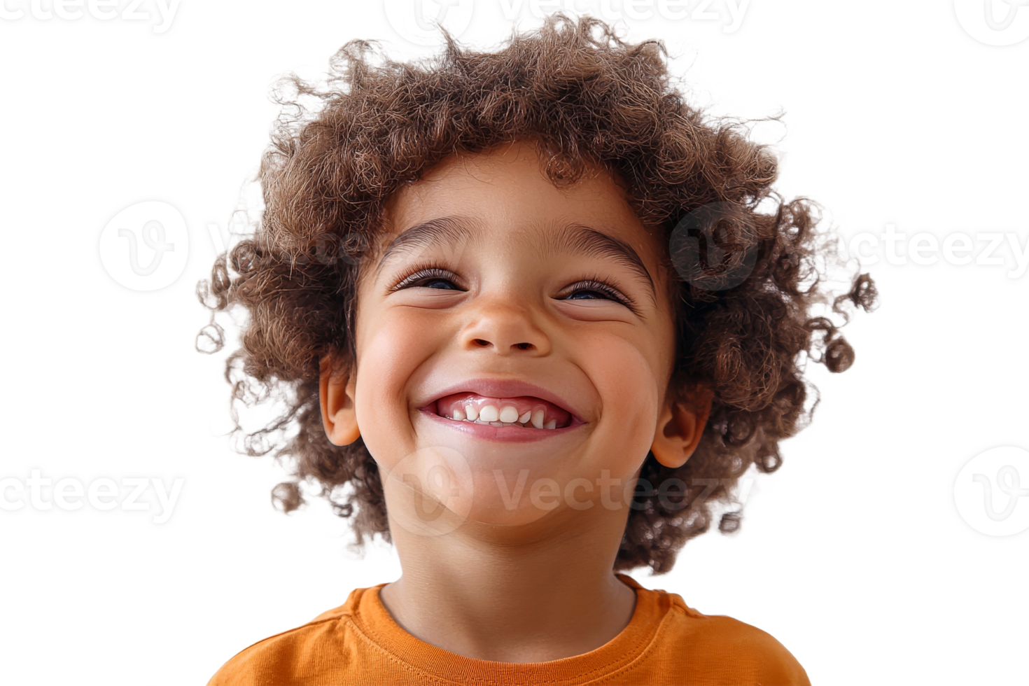 Happy toddler looking up isolated on black background, cut out transparent png