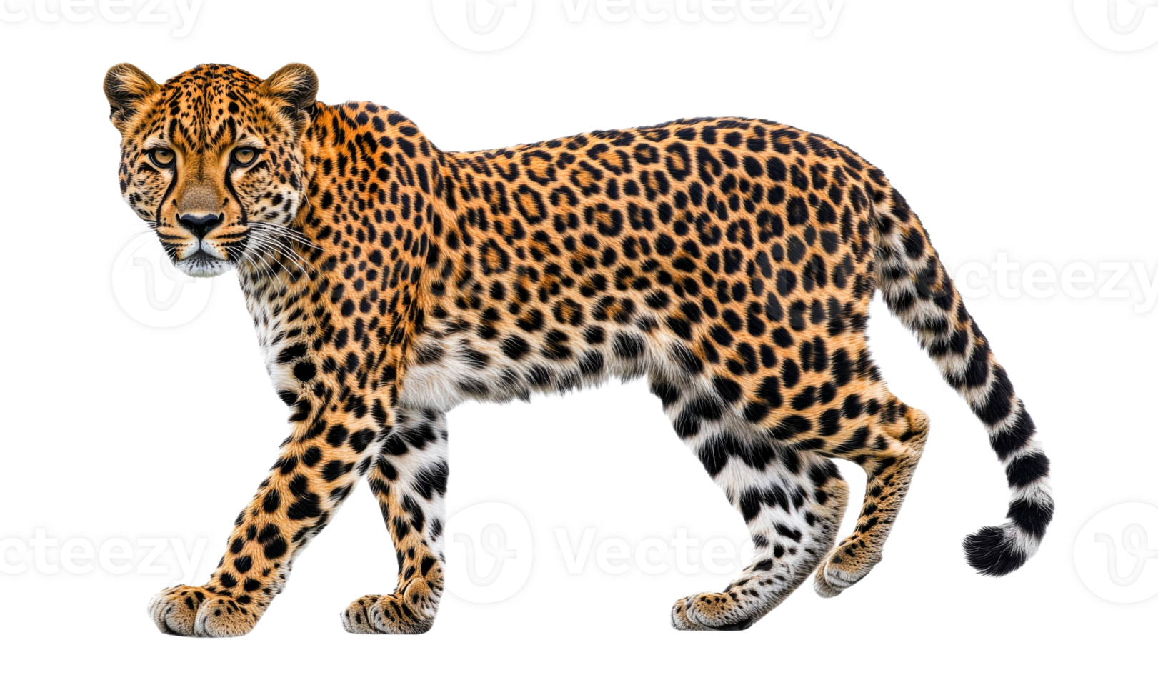 Leopard walking isolated against dark background, cut out transparent png