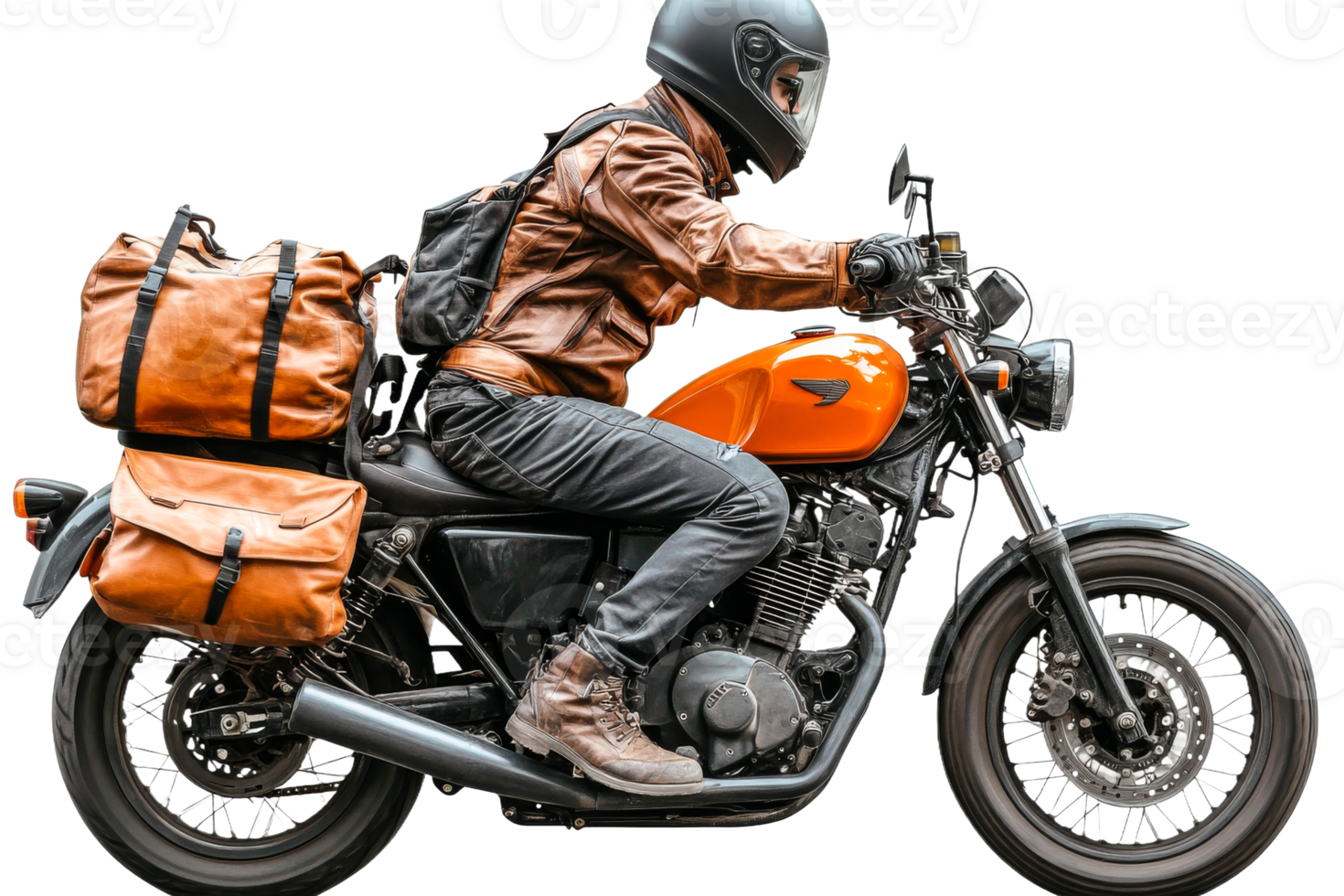 Stylish motorcyclist on orange vintage bike, black background, cut out transparent png