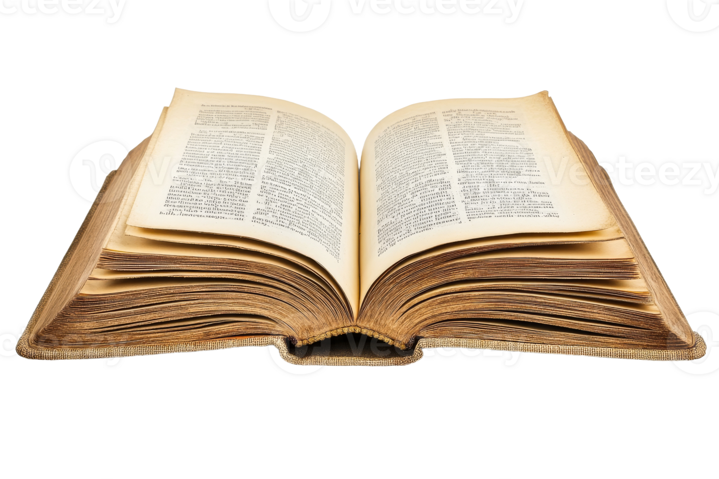 Open antique book with aged pages, cut out transparent png