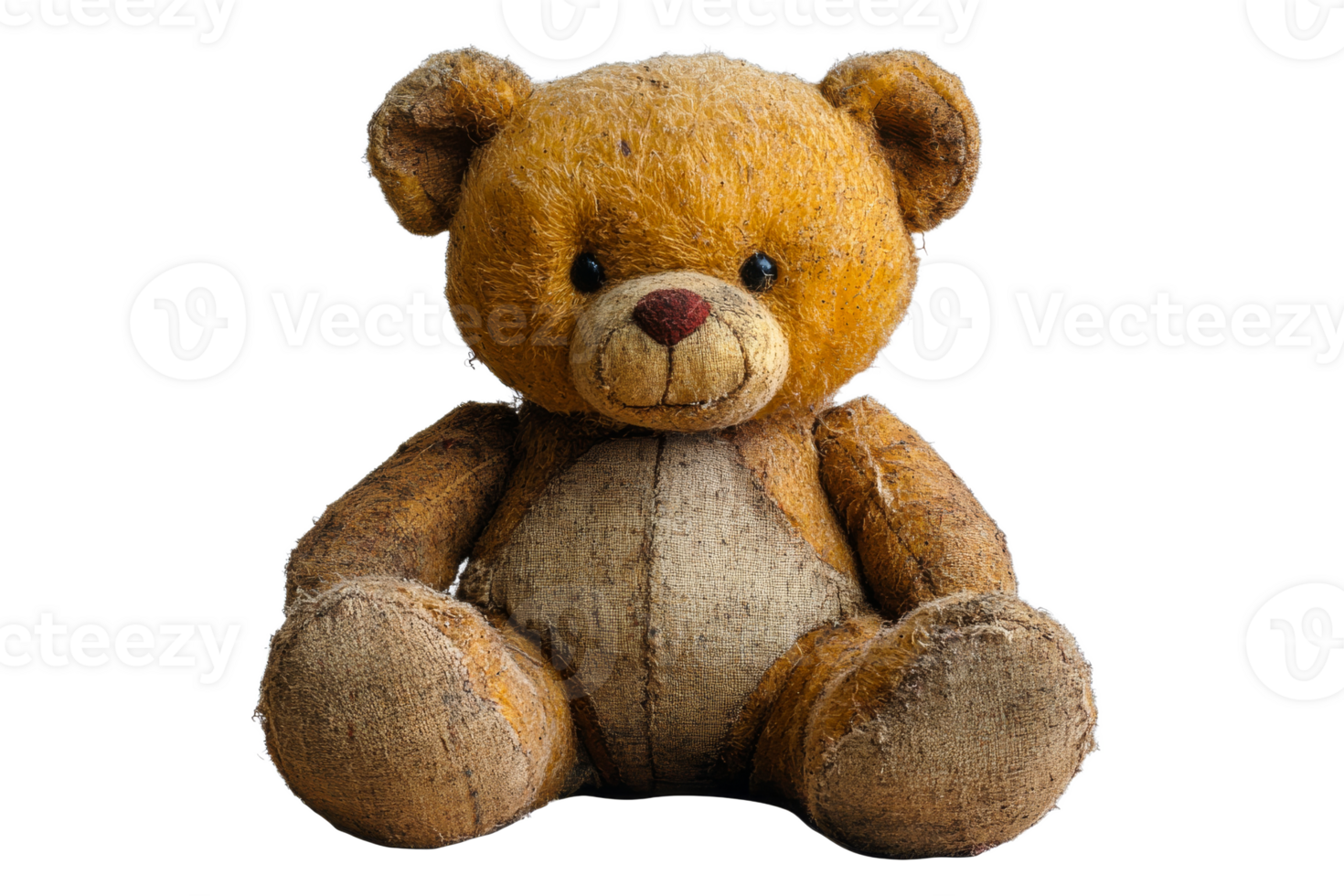 Old teddy bear with vintage appearance, sitting, cut out transparent png