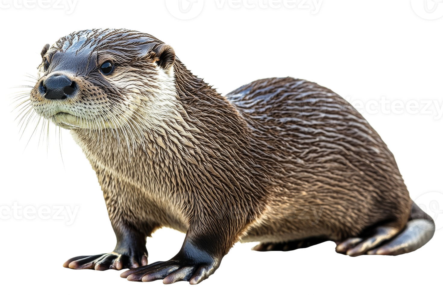 Adorable otter is sitting quietly, looking attentively, cut out transparent png