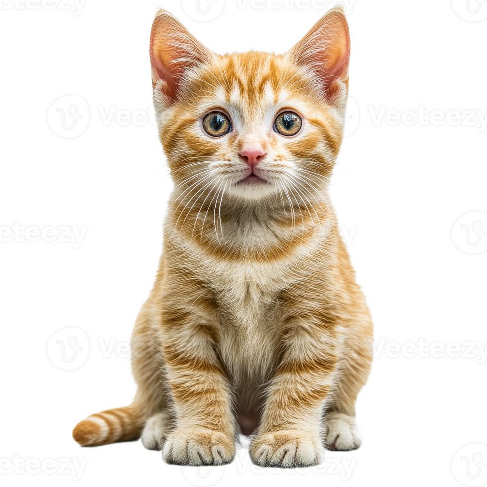 Cute orange tabby kitten attentively sits, isolated, cut out transparent png