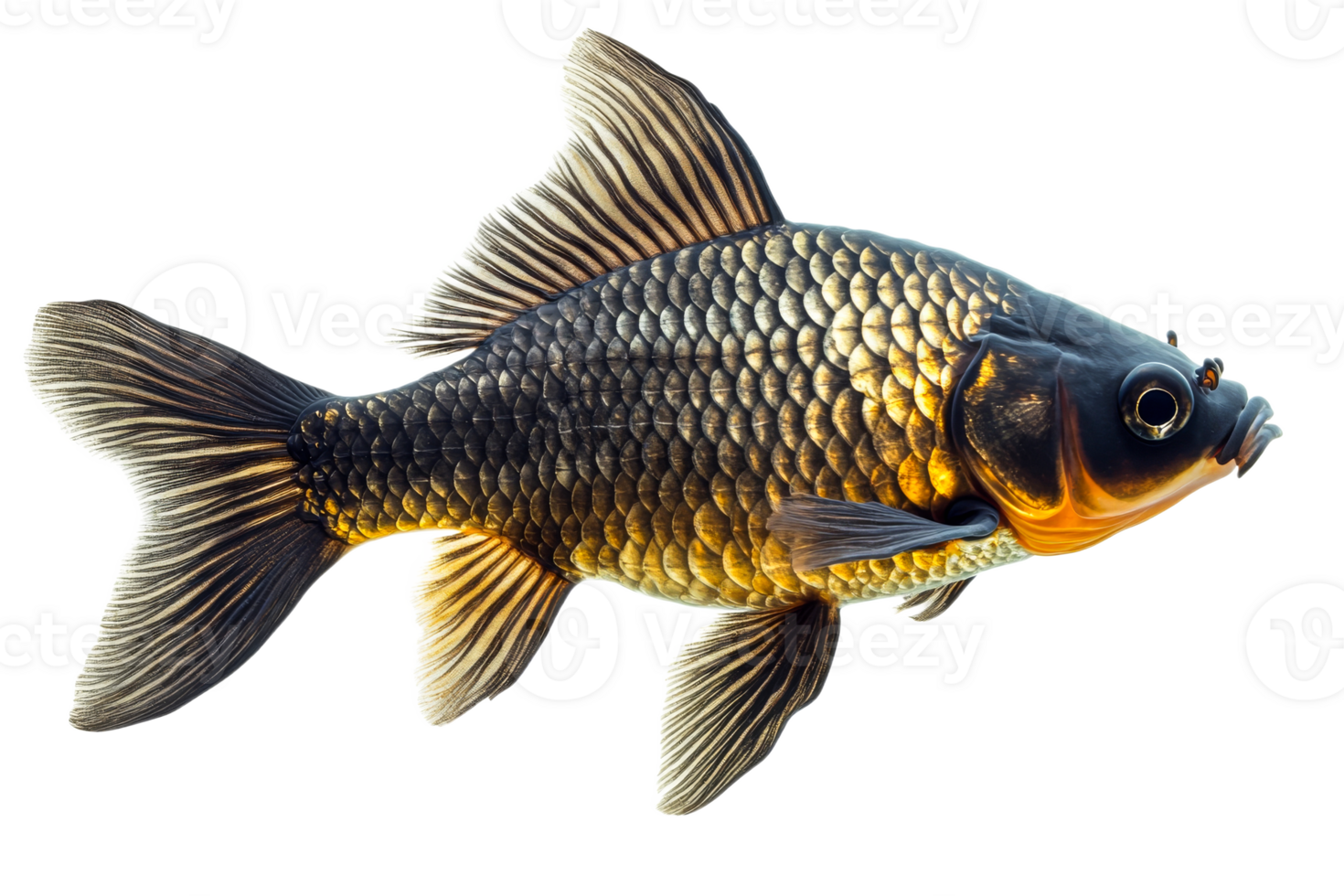 Elegant goldfish with shimmering scales in profile, cut out transparent png
