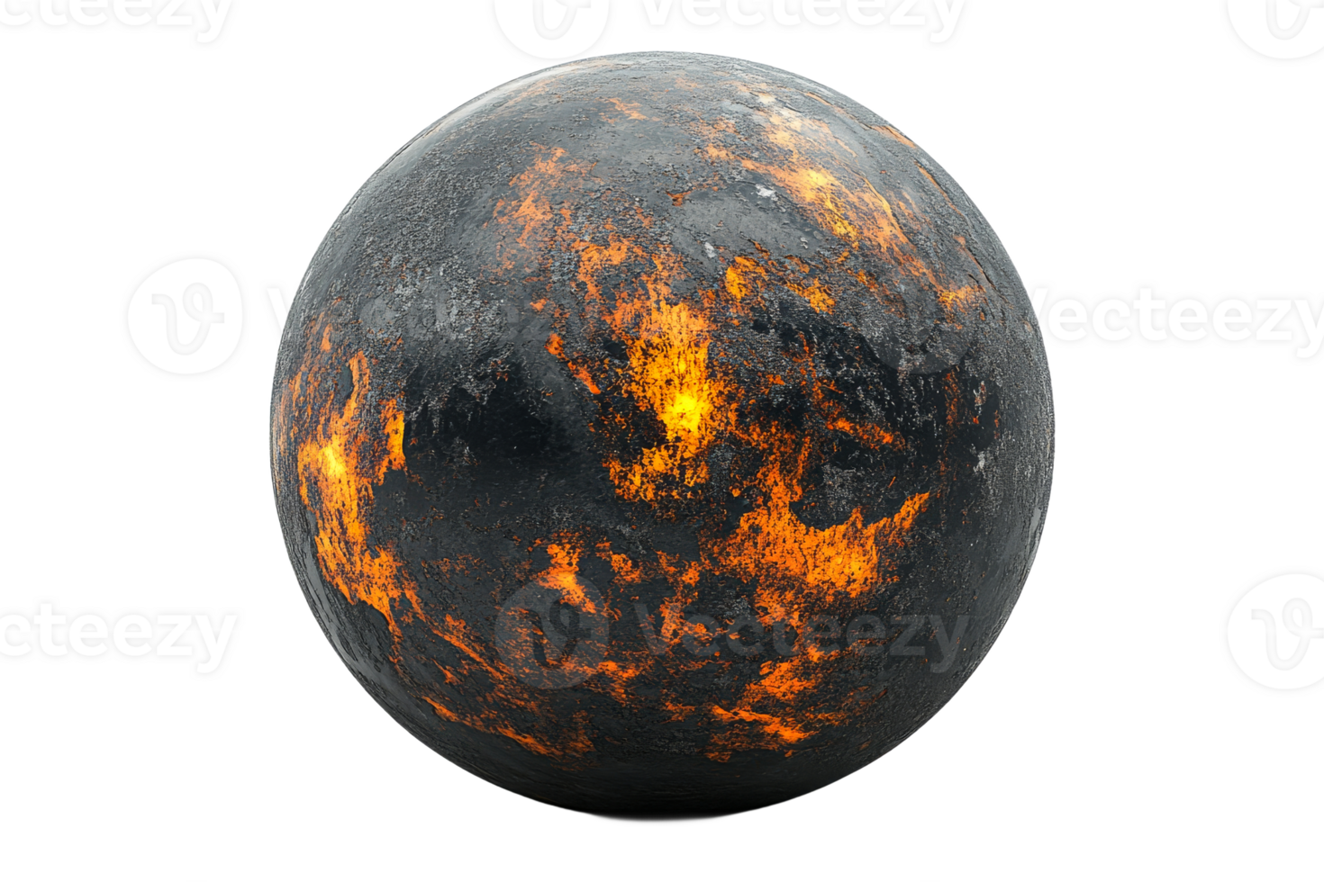 Molten planetary sphere surface with magma flows, cut out transparent png