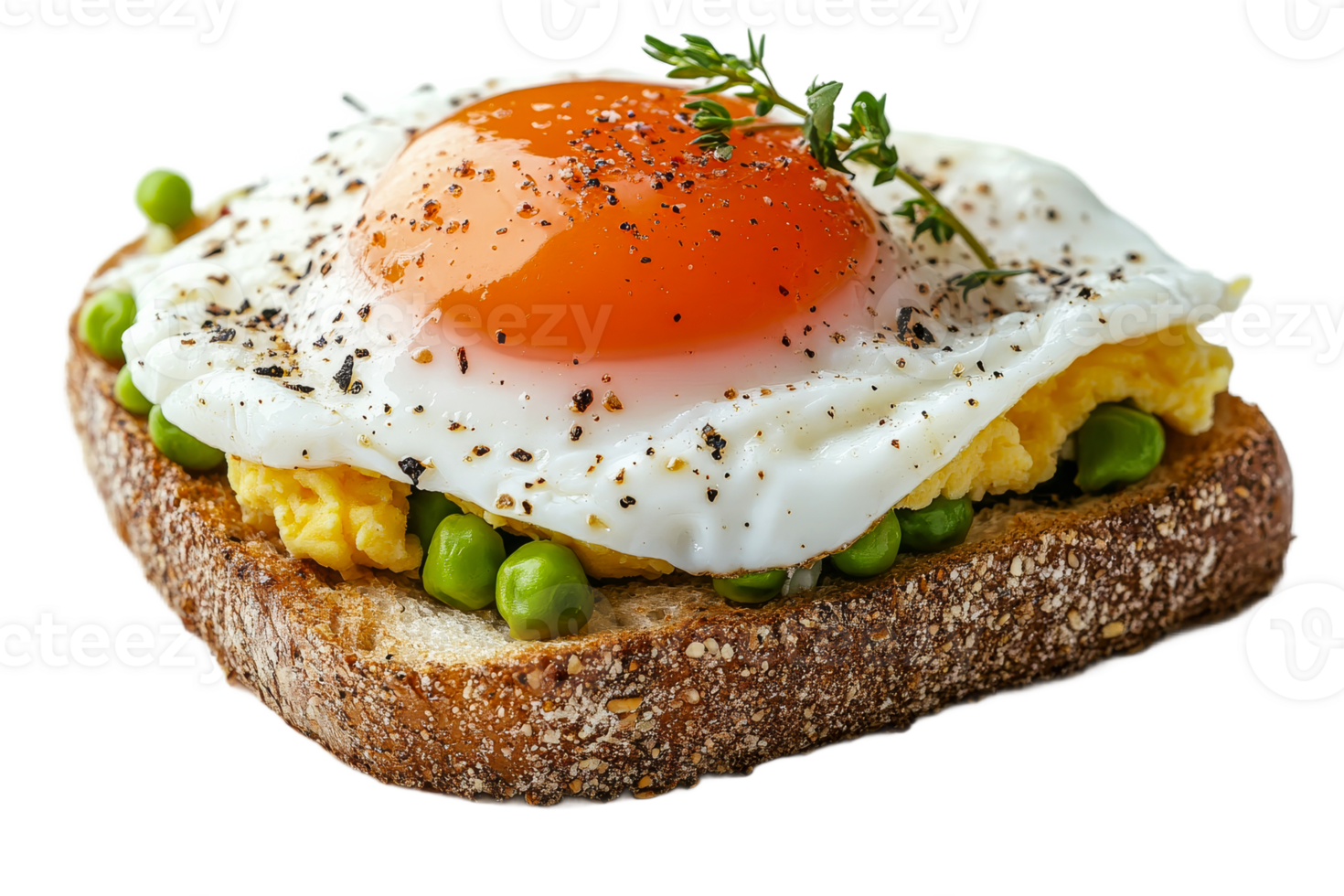 Fried egg and peas sandwich on toast close up detail, cut out transparent png