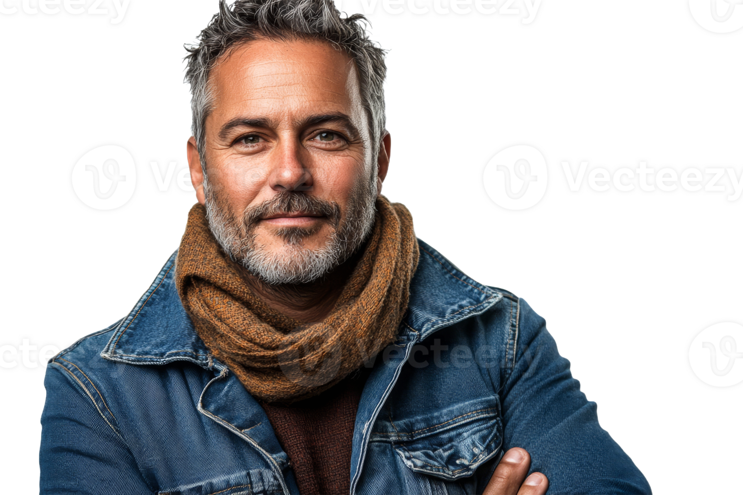 Man in denim jacket and scarf portrait, mature male looking, cut out transparent png