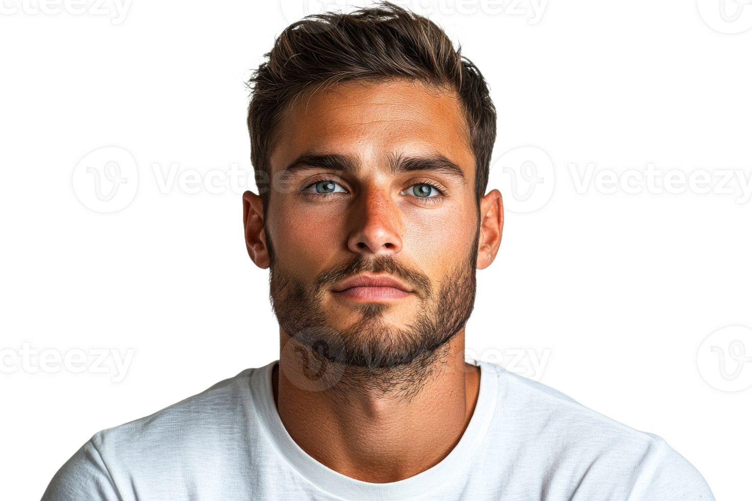 Man portrait, close-up attractive face, intense gaze, cut out transparent png