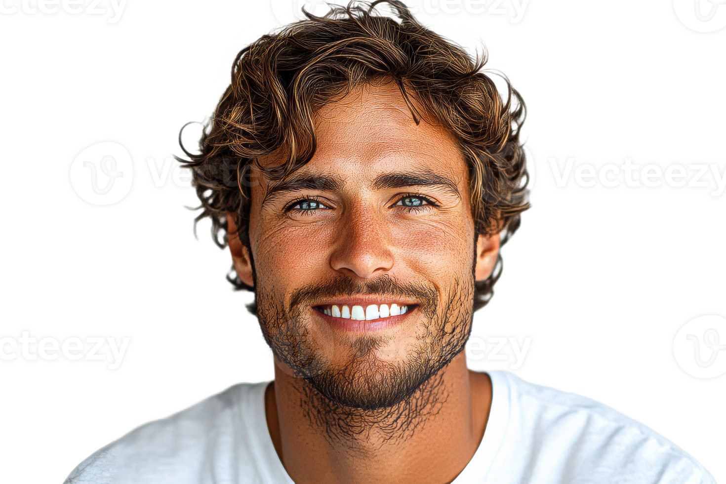 Man with Curly Hair and White T-Shirt Smiling, Cut Out Transparent png
