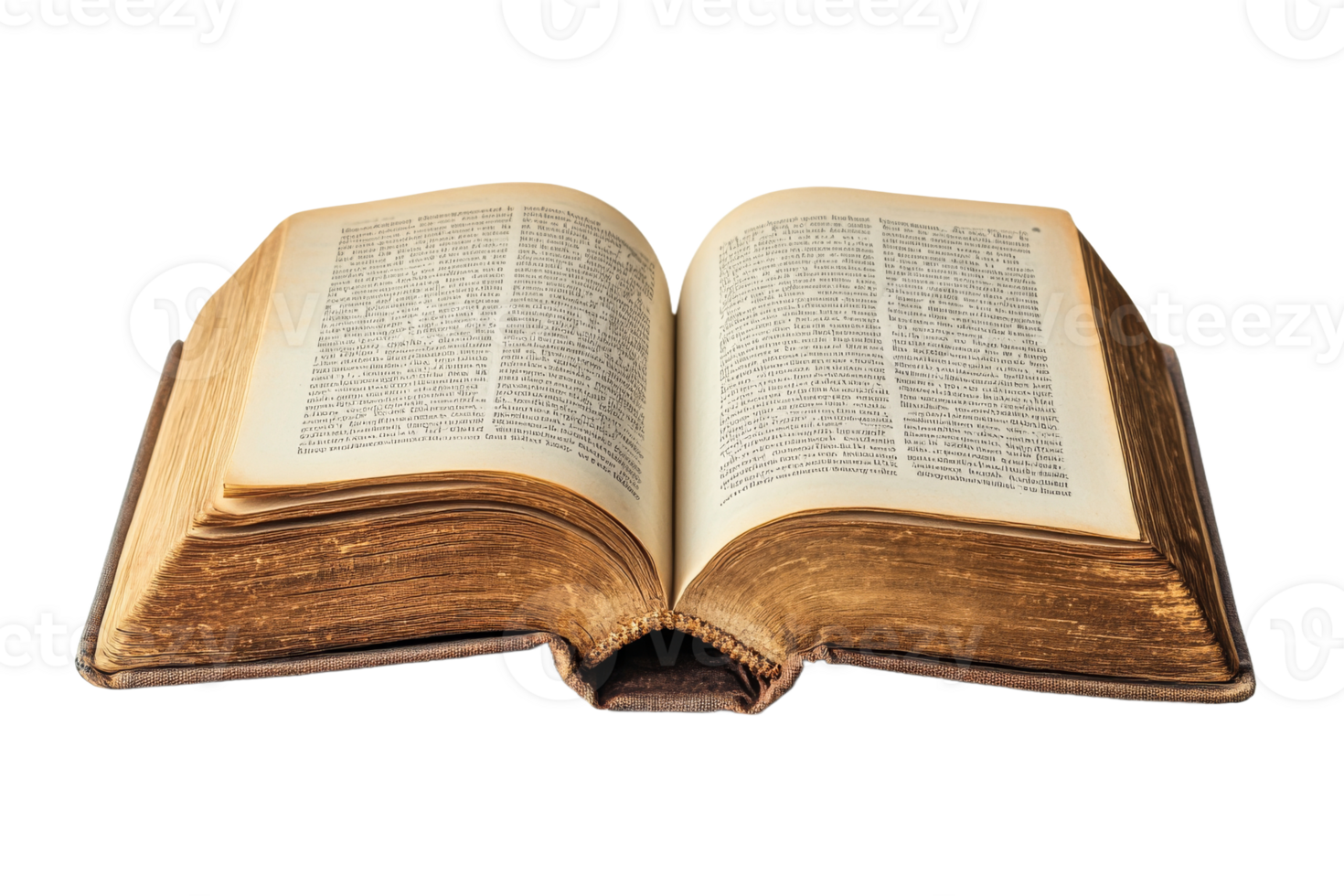 Open antique book with illegible text, cut out transparent png