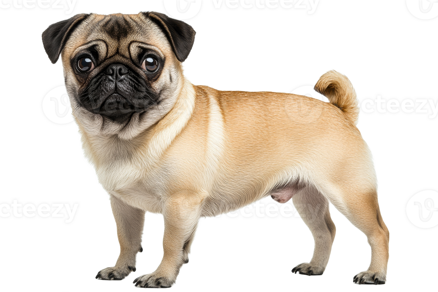 Fawn Pug Dog Breed Standing Posing Looking at Camera, cut out transparent png