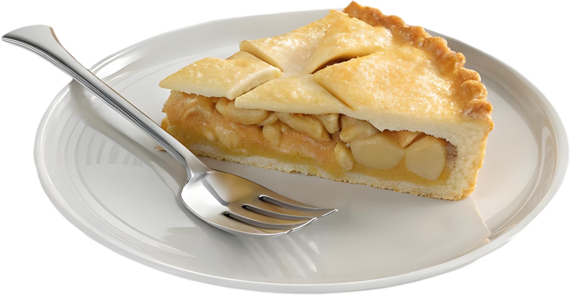 Apple pie slice with golden flaky crust design. . png