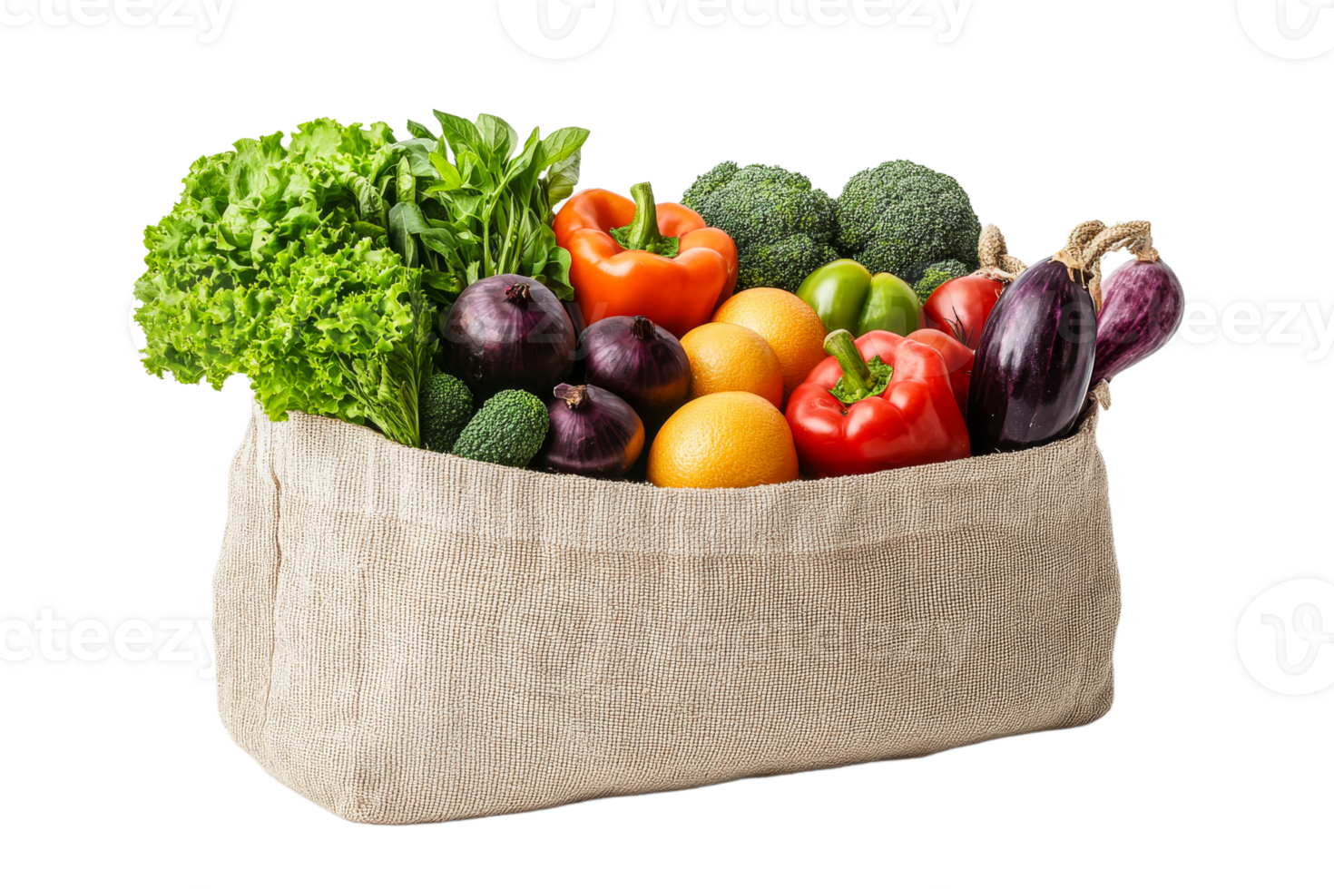 Burlap bag full of colorful fresh vegetables and fruits, cut out transparent png