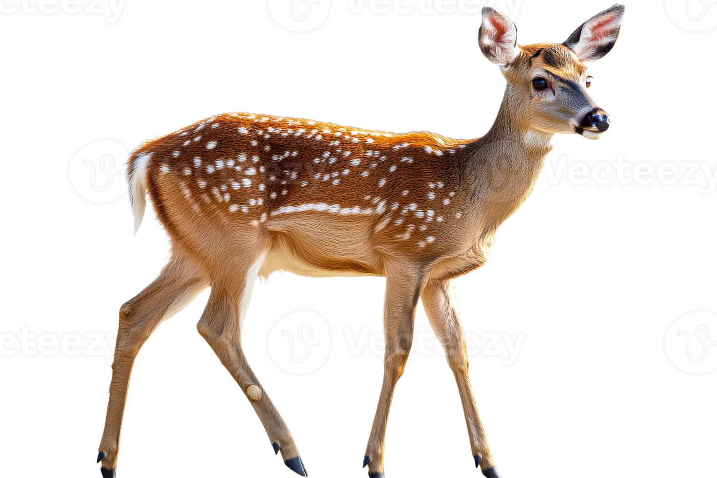 Elegant fawn standing alert with gentle pose, cut out transparent png