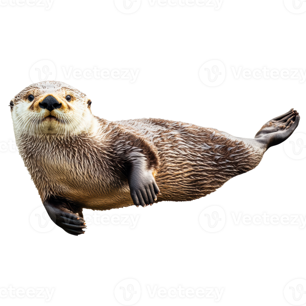 Sea otter swimming looking at camera, aquatic mammal, cut out transparent png