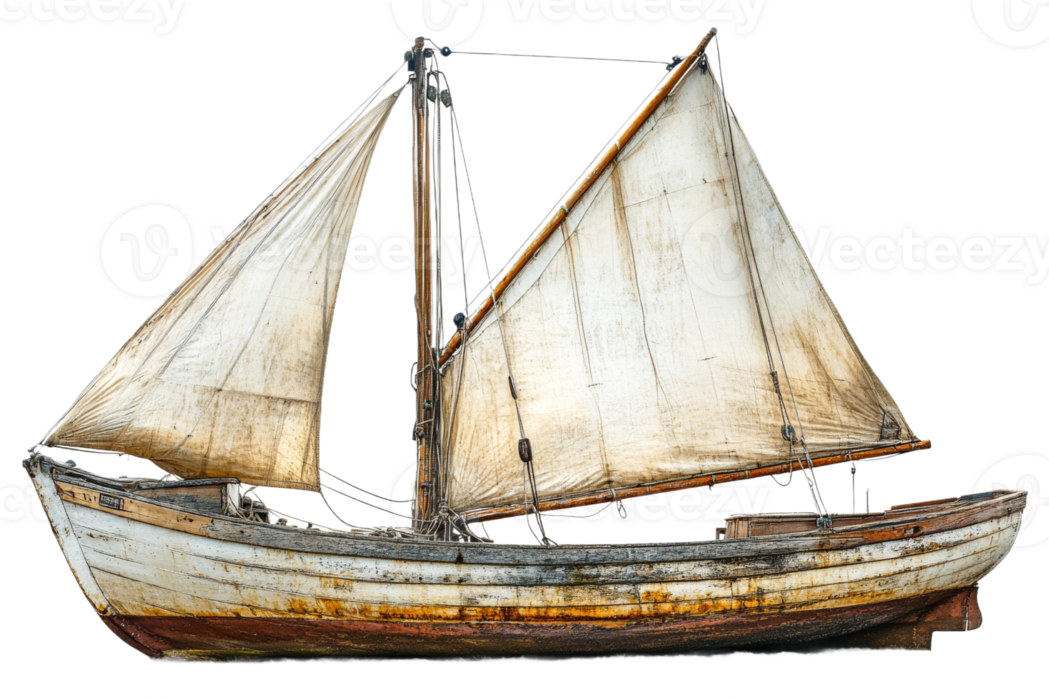 Old sailing boat with sails, weathered hull, rigging, cut out transparent png