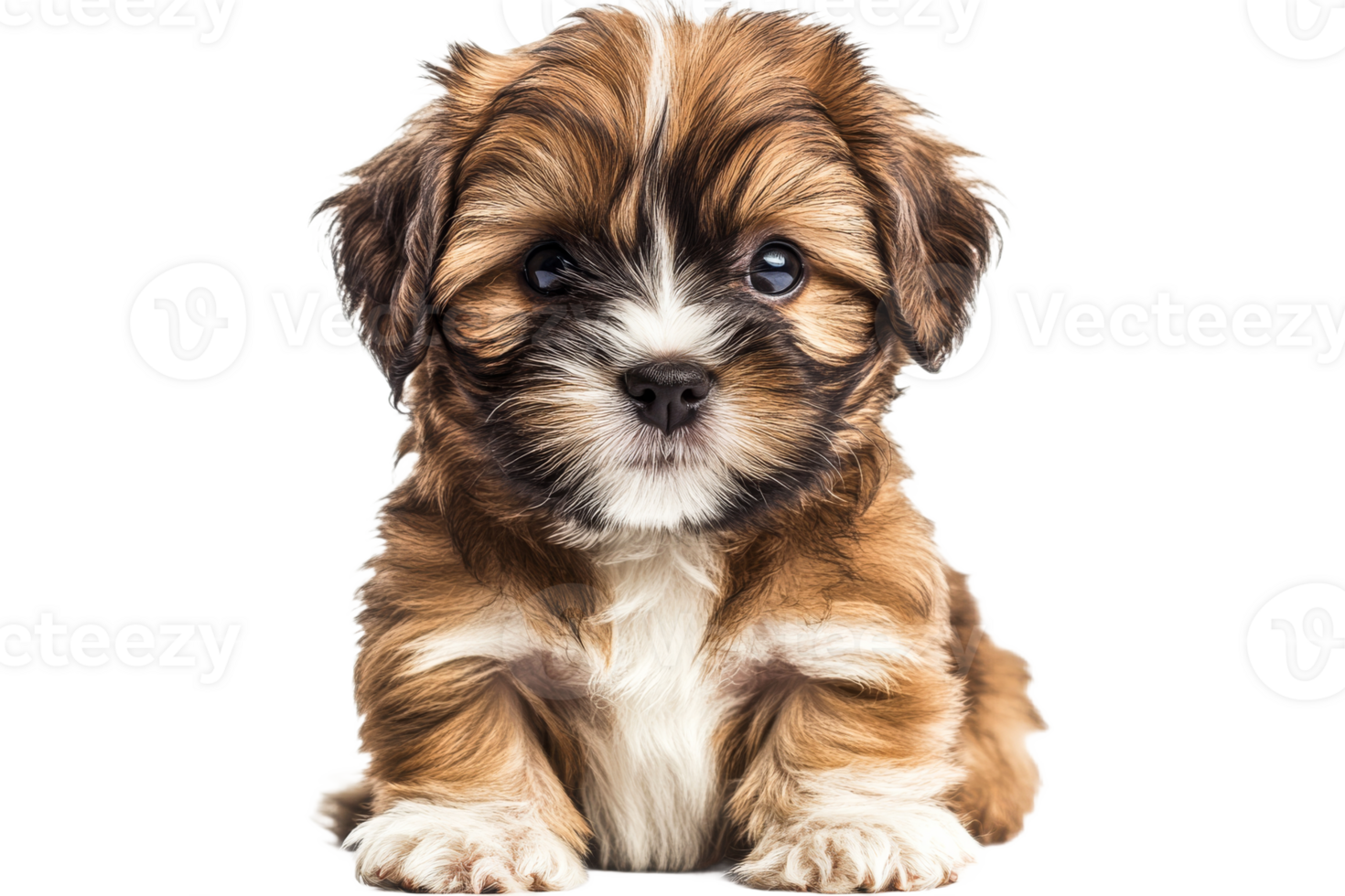 Cute puppy with brown and white fur sitting, cut out transparent png