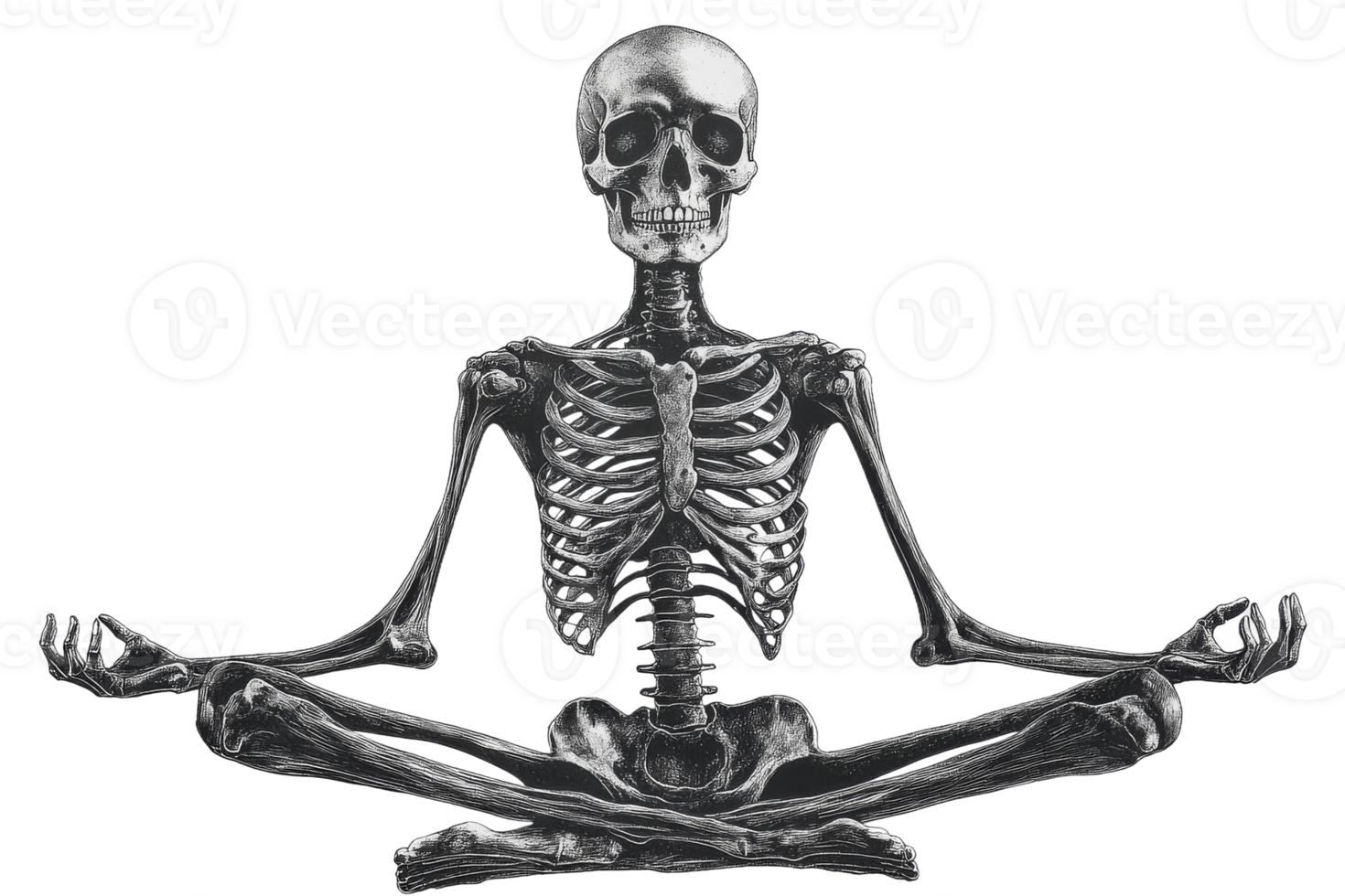 Skeleton in lotus position for meditation, yoga, cut out transparent png