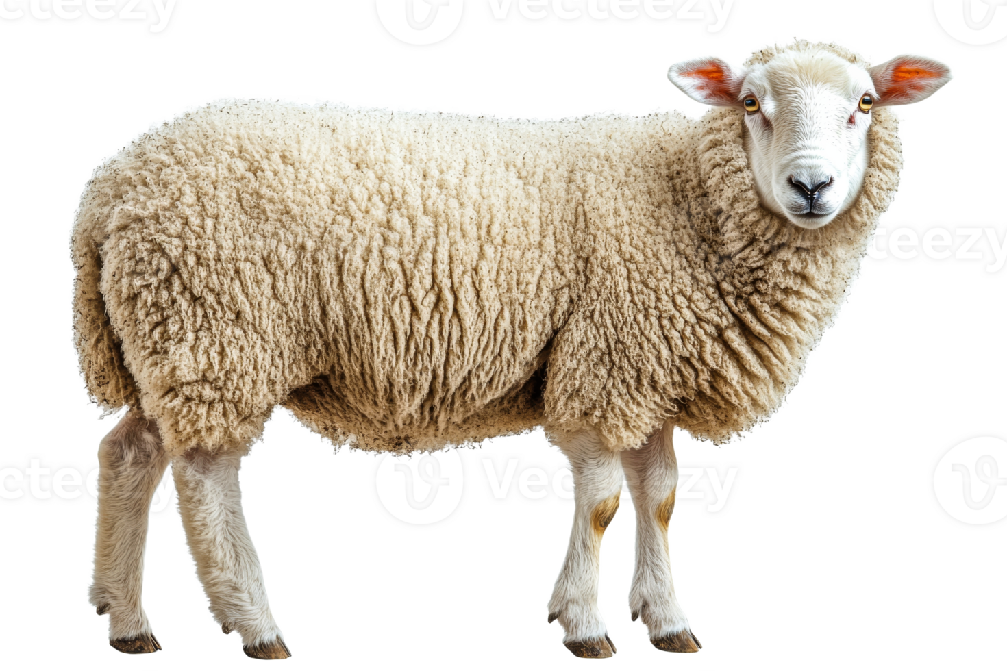 Sheep with fluffy wool, standing portrait, animal, isolated, cutout, transparent png