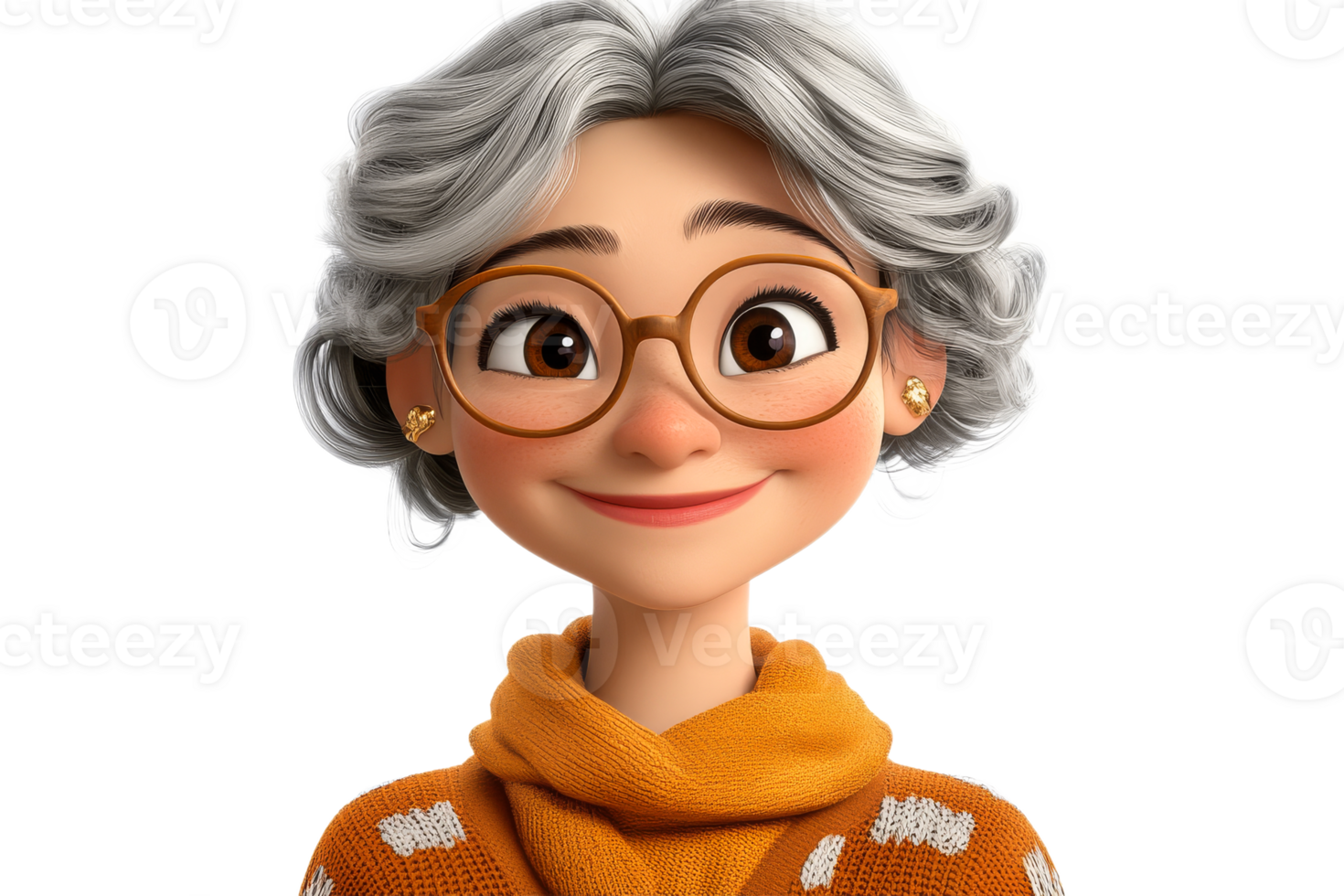 Cartoon grandma with glasses smiles kindly, cut out transparent png