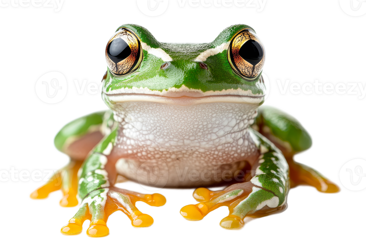 Green frog with golden eyes portrait, isolated on black background, cut out transparent png