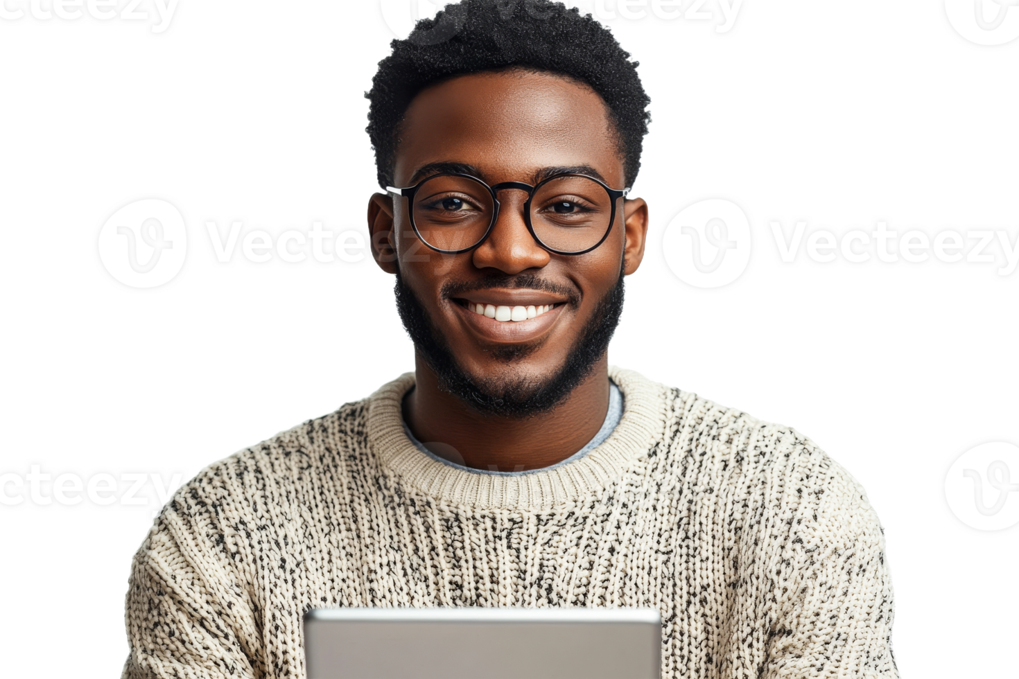 Cheerful Black man wearing glasses, sweater and smiling , cut out transparent png