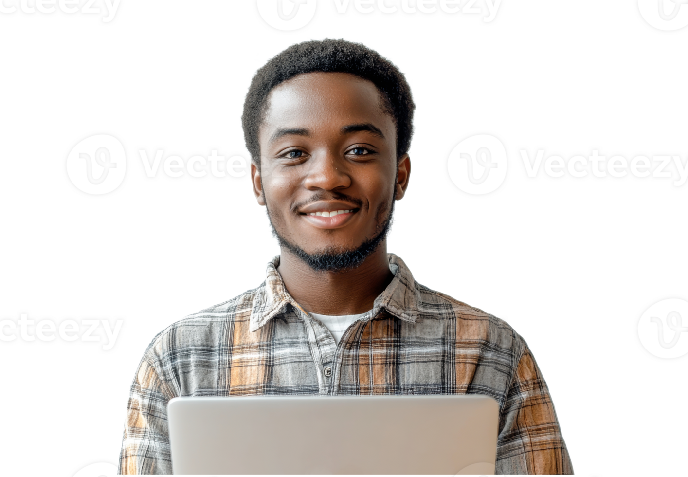 Black man smiling with laptop, portrait, positivity, cut out transparent png