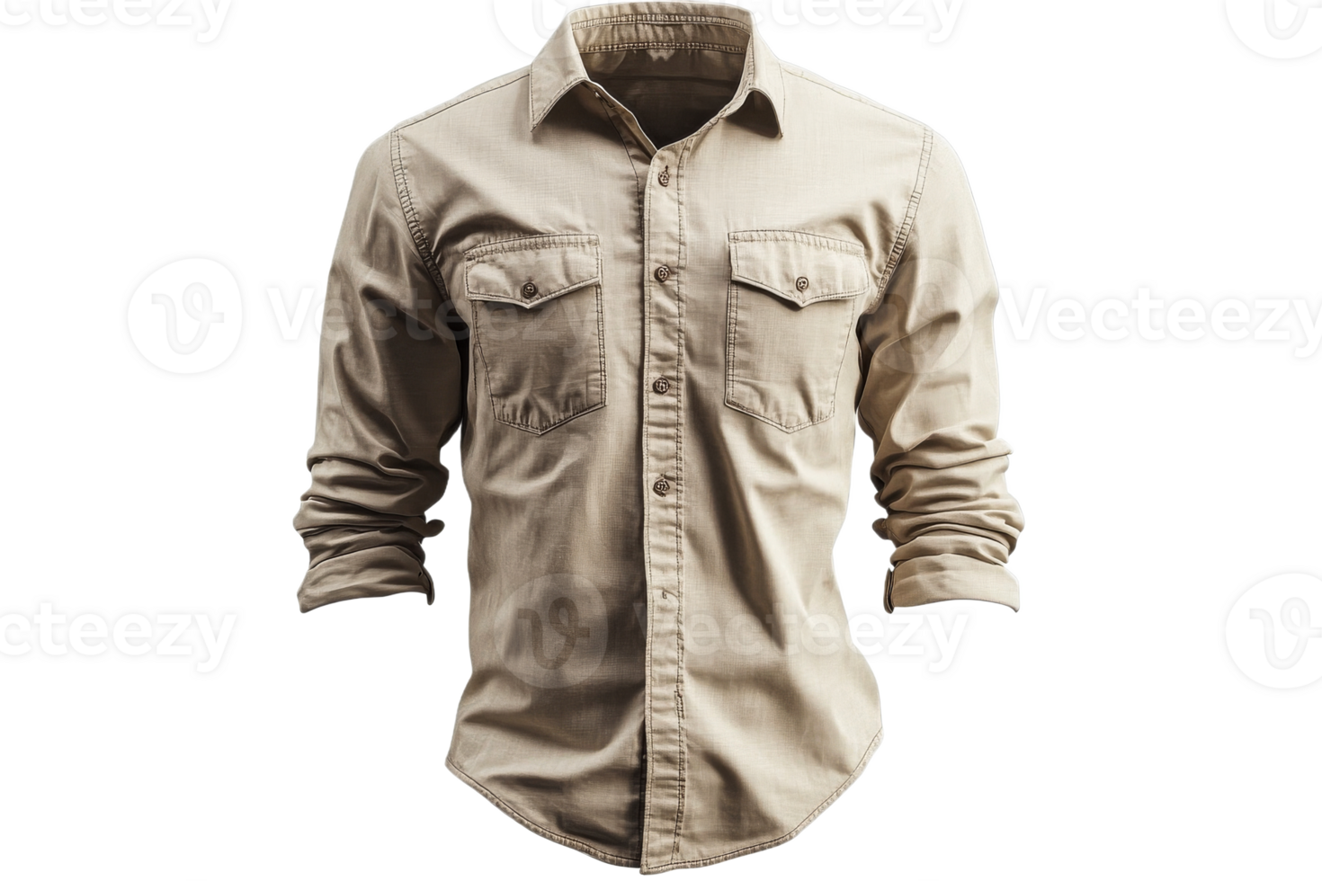 Khaki button-down shirt isolated on black, cut out transparent png