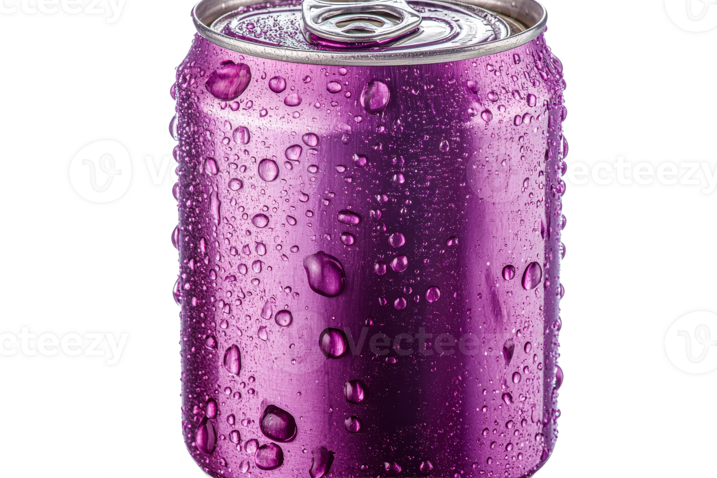 Wet purple soda can, condensation drops, refreshment drink, cut out transparent png